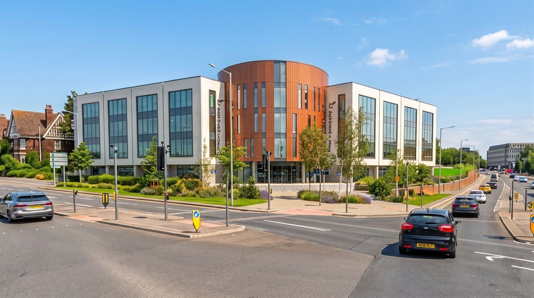 The completed Elwick Road junction in Ashford town centre, with the new college building alongside the reconfigured carriageway, footways and planting.